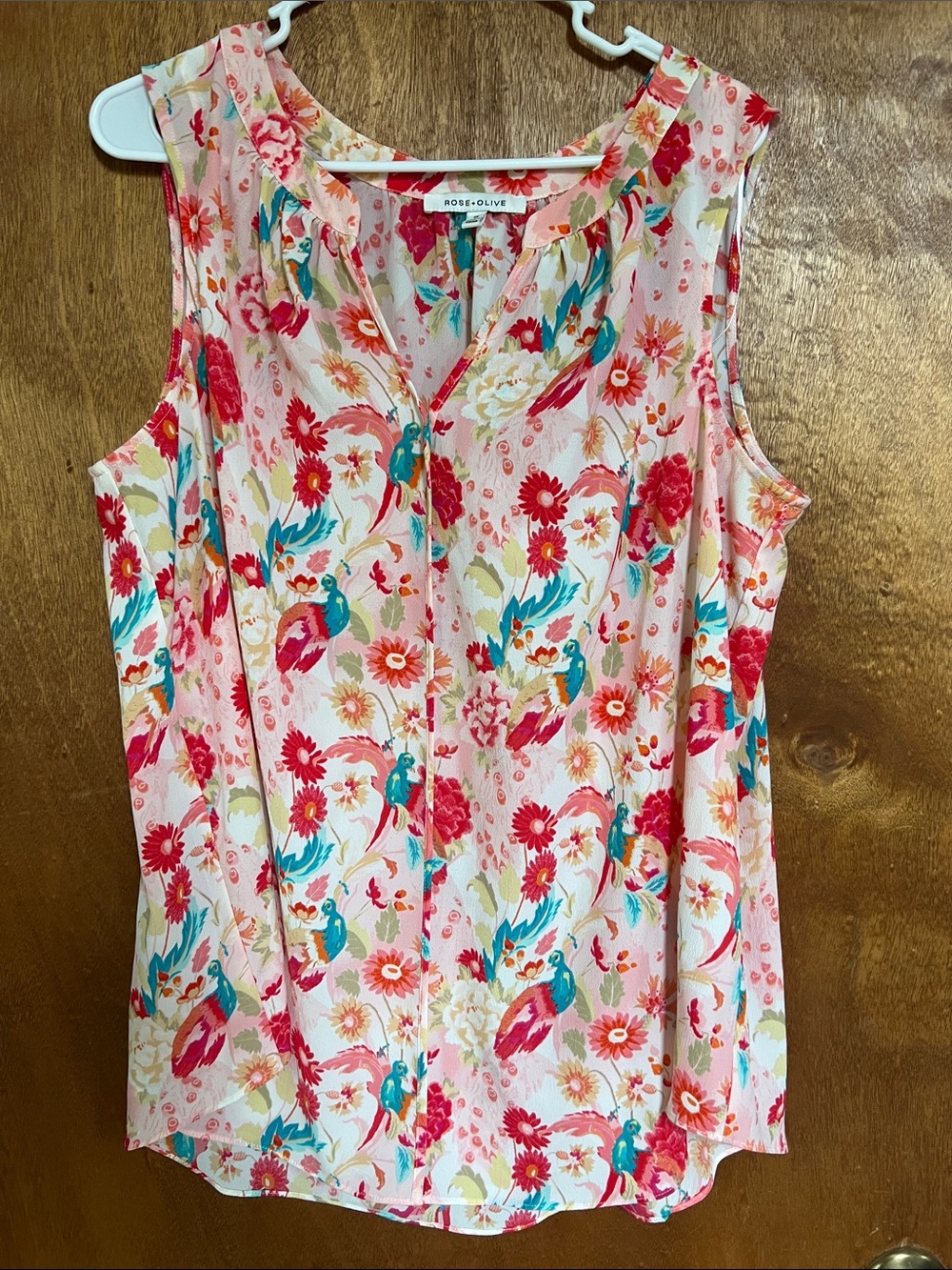 Rose & Olive Pink Floral Sleeveless Top with Teal Accents